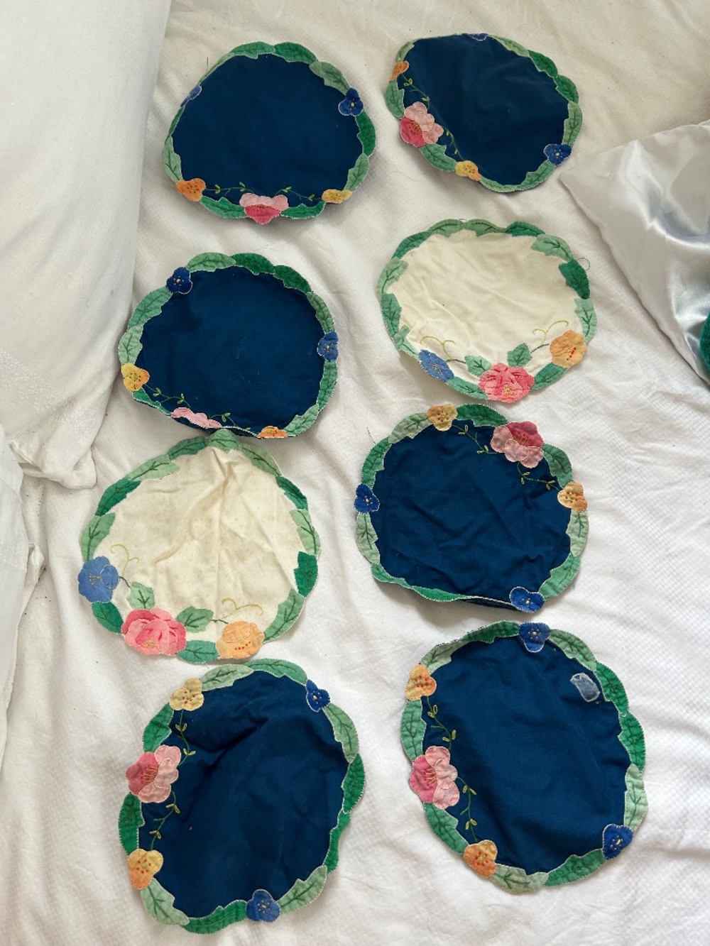 Antique St Barth handmade embroidered applique set 8 blue white doilies center